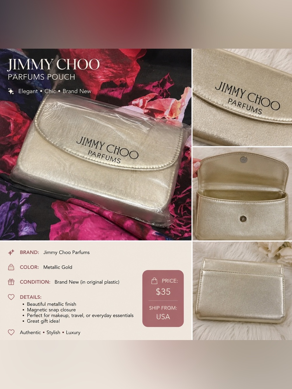 Jimmy Choo Metallic Gold Card & Key Pouch